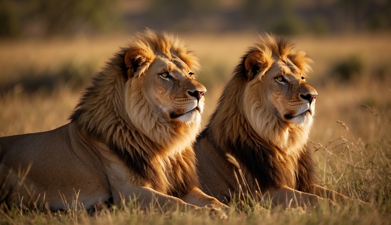 A pride of lions basks in the golden savannah sunlight, their regal manes flowing in the breeze as they survey their kingdom