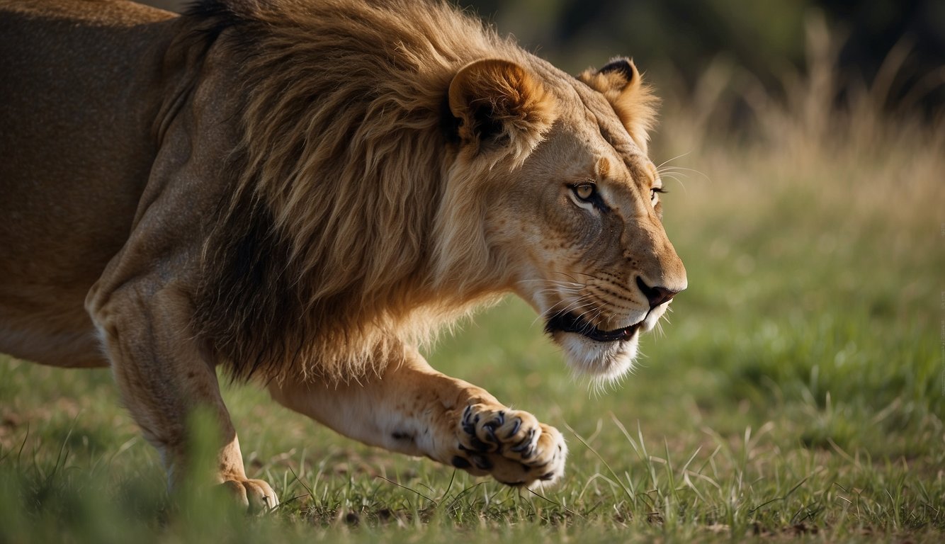 A lion stalks its prey, using stealth and agility.

It pounces, swiftly taking down its target. The lion's powerful jaws tear into the flesh, satisfying its carnivorous diet