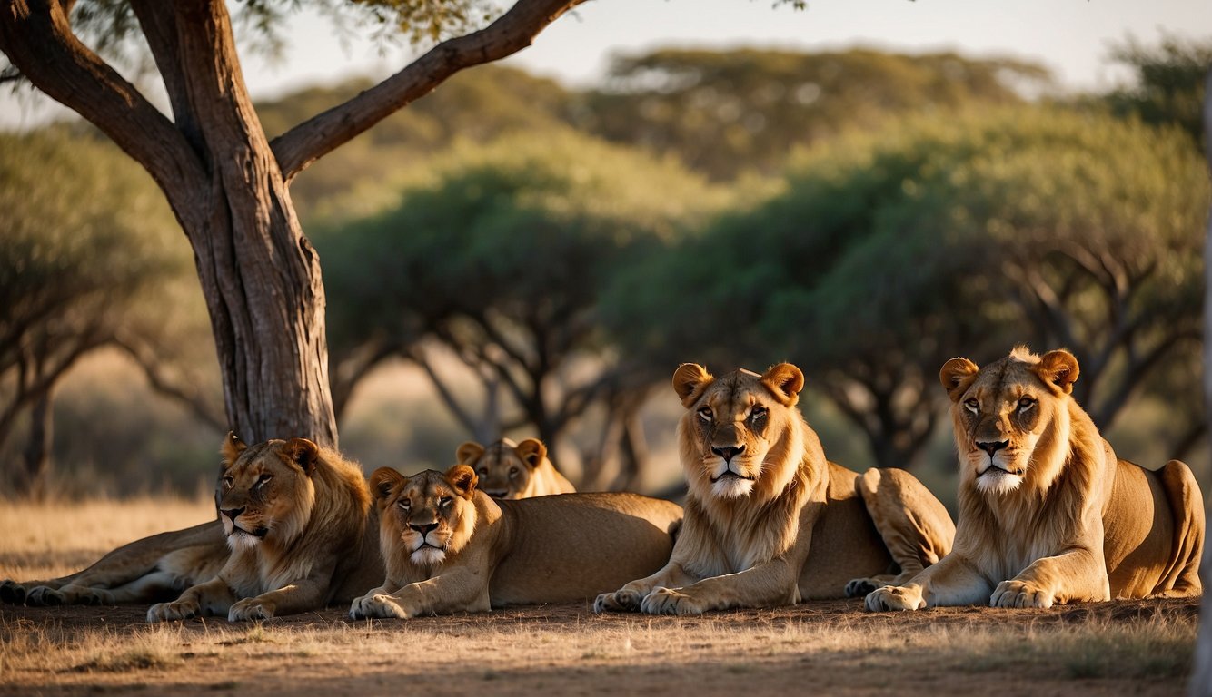 A pride of lions lounges under the shade of acacia trees, peacefully coexisting with other wildlife in the savanna.

The majestic lions exude a sense of power and grace, symbolizing the importance of conservation and coexistence in the animal kingdom