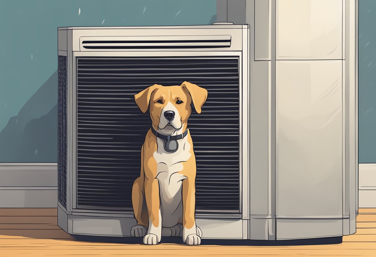 A dog eagerly laps up clear, cool condensation dripping from an air conditioner unit, with a look of contentment on its face