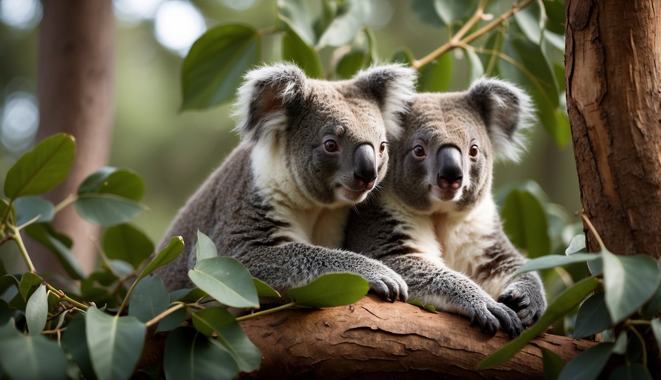 Two koalas nestled in a eucalyptus tree, surrounded by lush green leaves and a peaceful forest backdrop