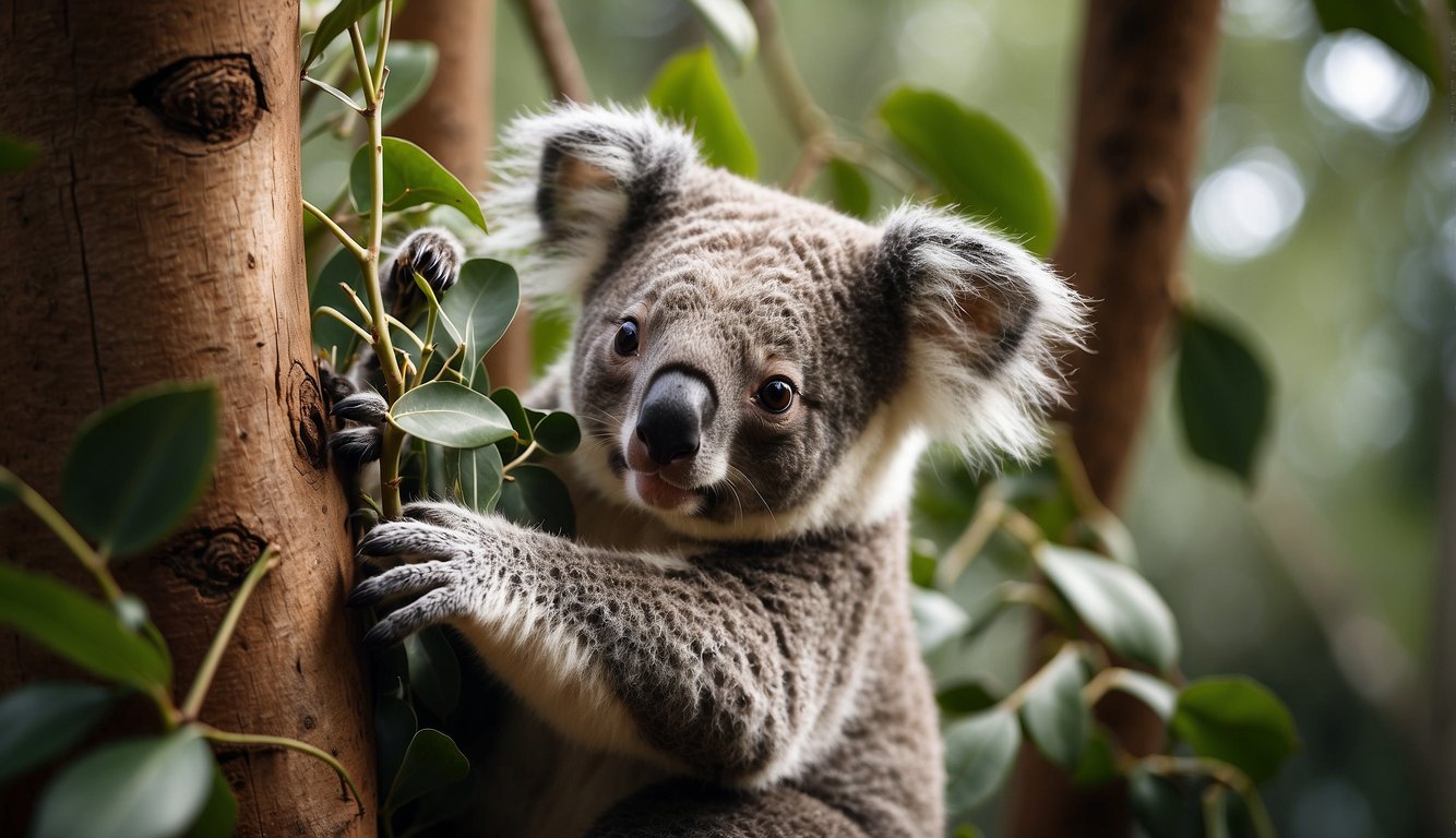 A koala nuzzles into the crook of a eucalyptus tree, surrounded by lush green leaves and a peaceful forest backdrop
