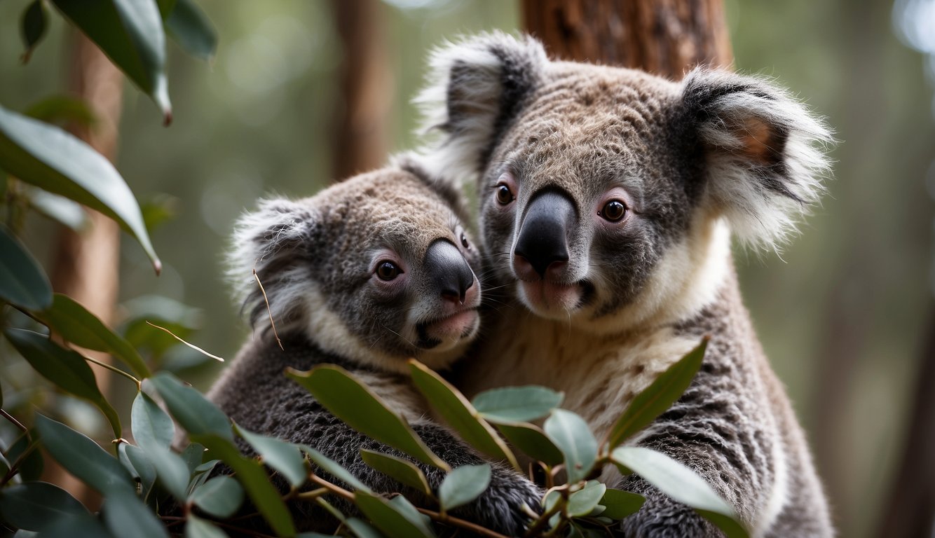 A koala nuzzles against a eucalyptus tree, its fluffy ears and round eyes conveying a sense of contentment.

Nearby, another koala gently embraces the first, their furry bodies intertwined in a heartwarming display of affection