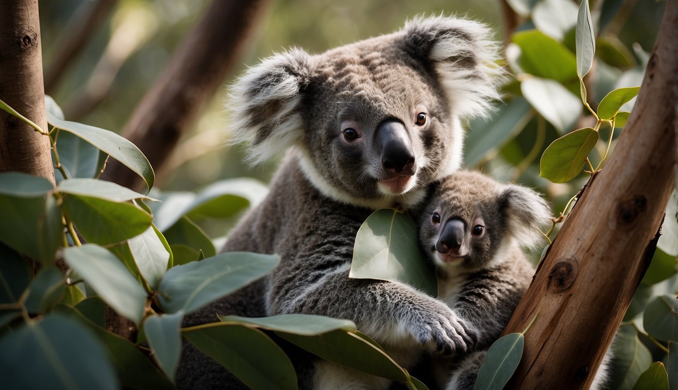 A koala mother nuzzles her baby in a eucalyptus tree.

The baby clings to her back, while she gently grooms its fur. The soft, fuzzy creatures are surrounded by lush green leaves and vibrant flowers