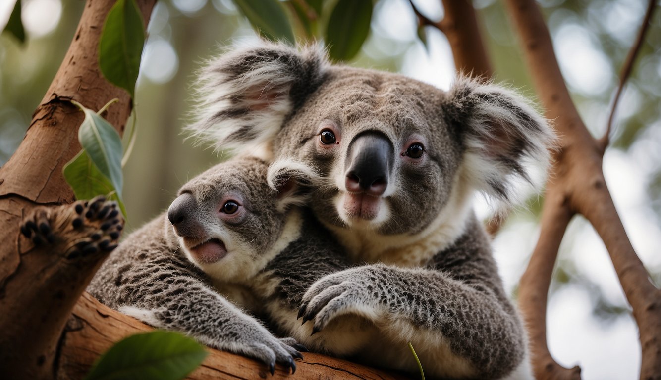 A koala mother and baby cuddle in a eucalyptus tree.

The baby clings to the mother's back as they rest peacefully