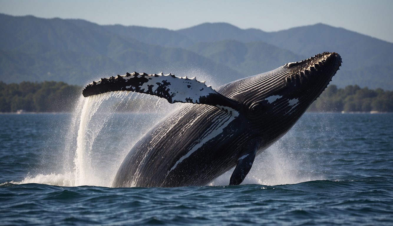 A humpback whale breaches the ocean surface, its massive body arching gracefully as it releases a hauntingly beautiful song into the depths below