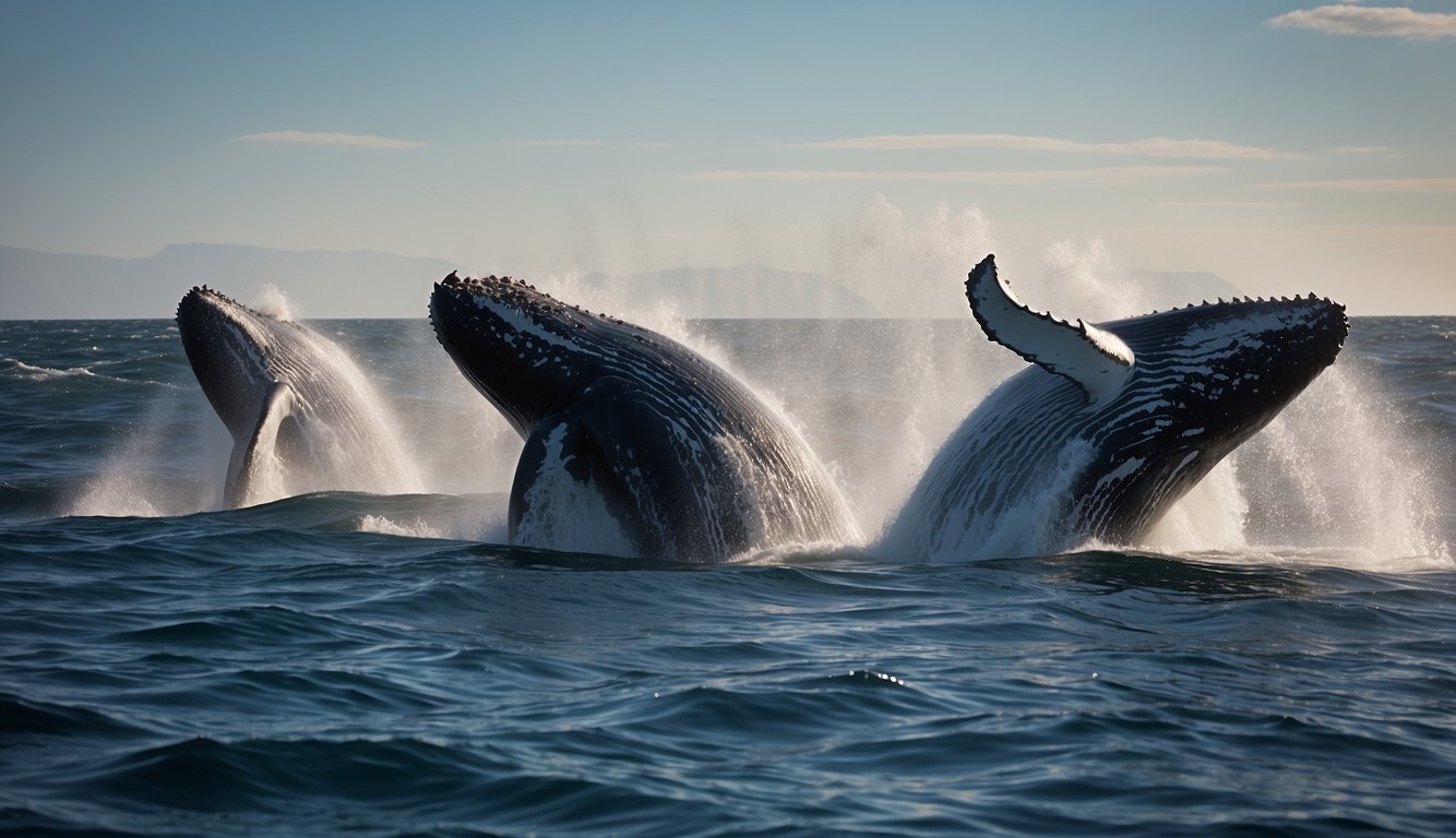A pod of humpback whales breaches the surface, their massive bodies breaking through the ocean's shimmering waves as they sing their hauntingly beautiful songs