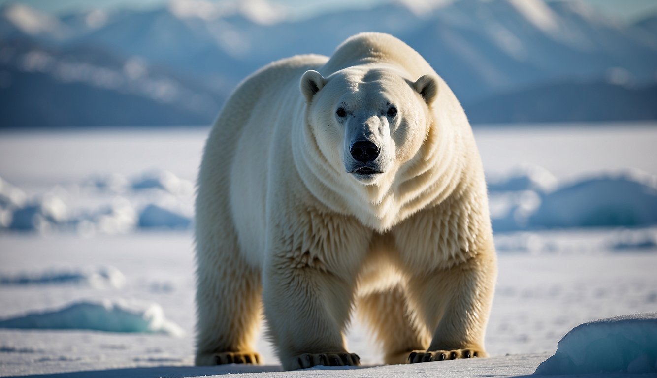 A polar bear stands on a vast expanse of ice, its thick white fur blending with the snow.

The bear's powerful frame and sharp claws are highlighted as it gazes out over the frozen landscape