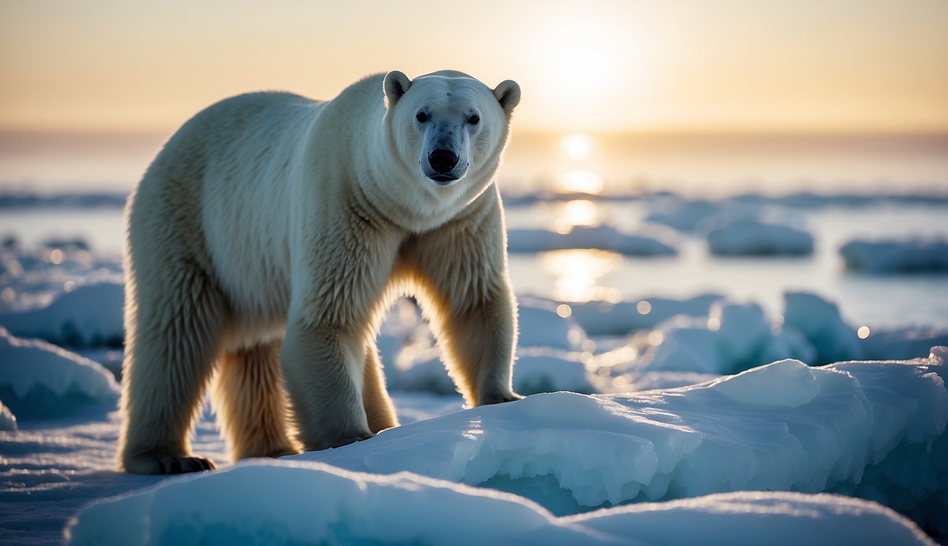 A polar bear stands on an Arctic ice floe, surrounded by snow and ice.

Its thick fur glistens in the sunlight as it looks out over the frozen landscape