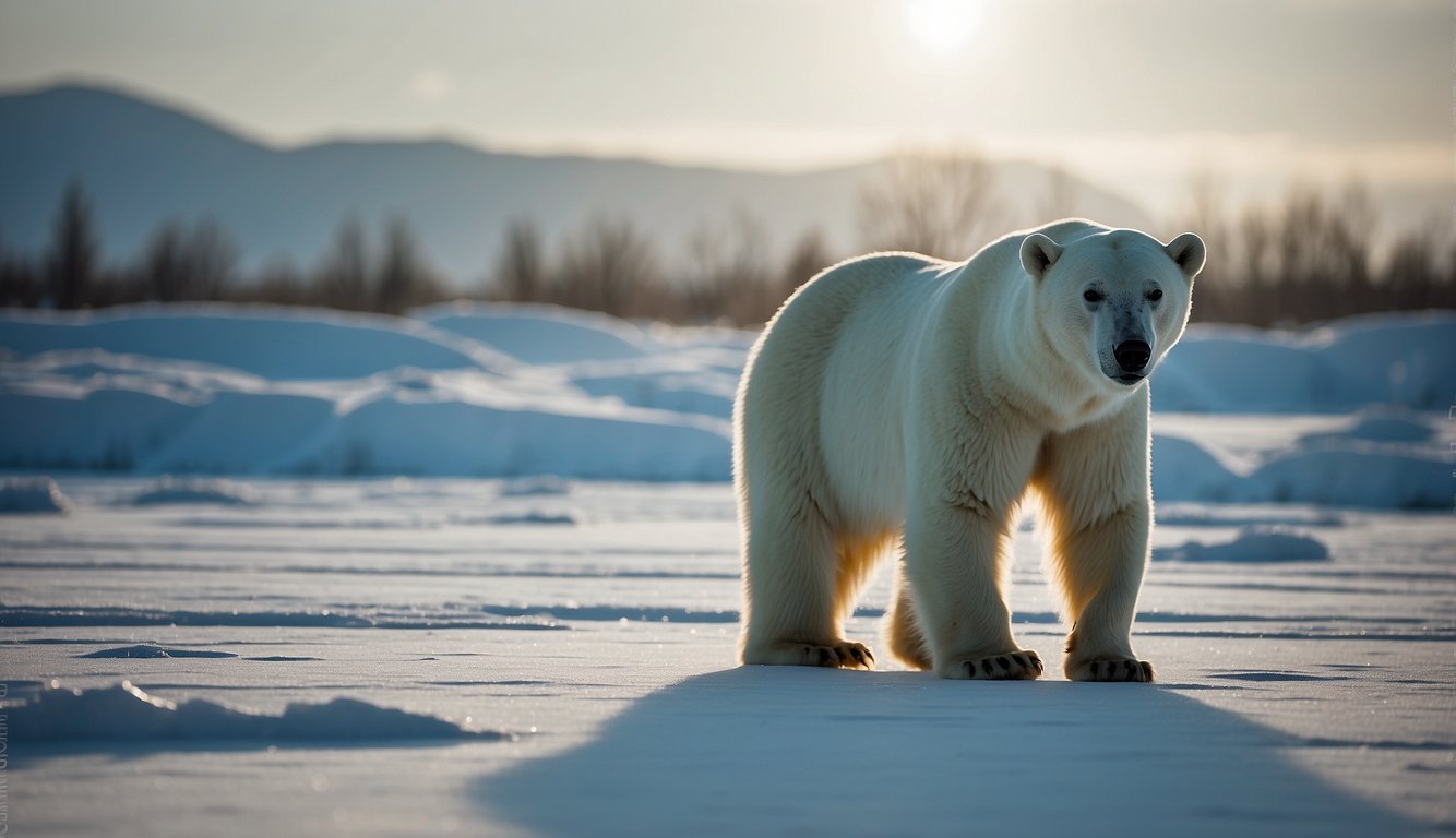 A polar bear stands on a vast expanse of ice, gazing out at the frozen landscape.

Its thick fur glistens in the sunlight, and its powerful paws leave deep tracks in the snow