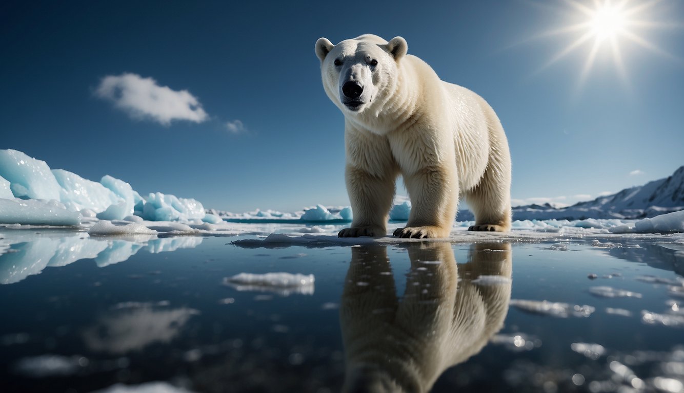 A polar bear stands on melting ice, surrounded by plastic pollution and oil spills.

Its habitat is threatened by climate change and human activity