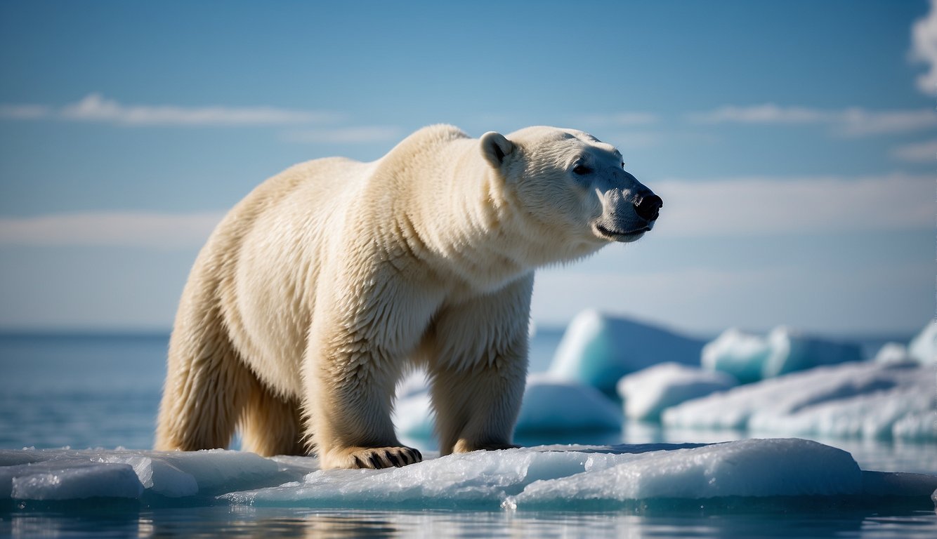 A polar bear stands on a vast ice floe, surrounded by crystal-clear blue waters.

It gazes into the distance, its thick fur glistening in the sunlight