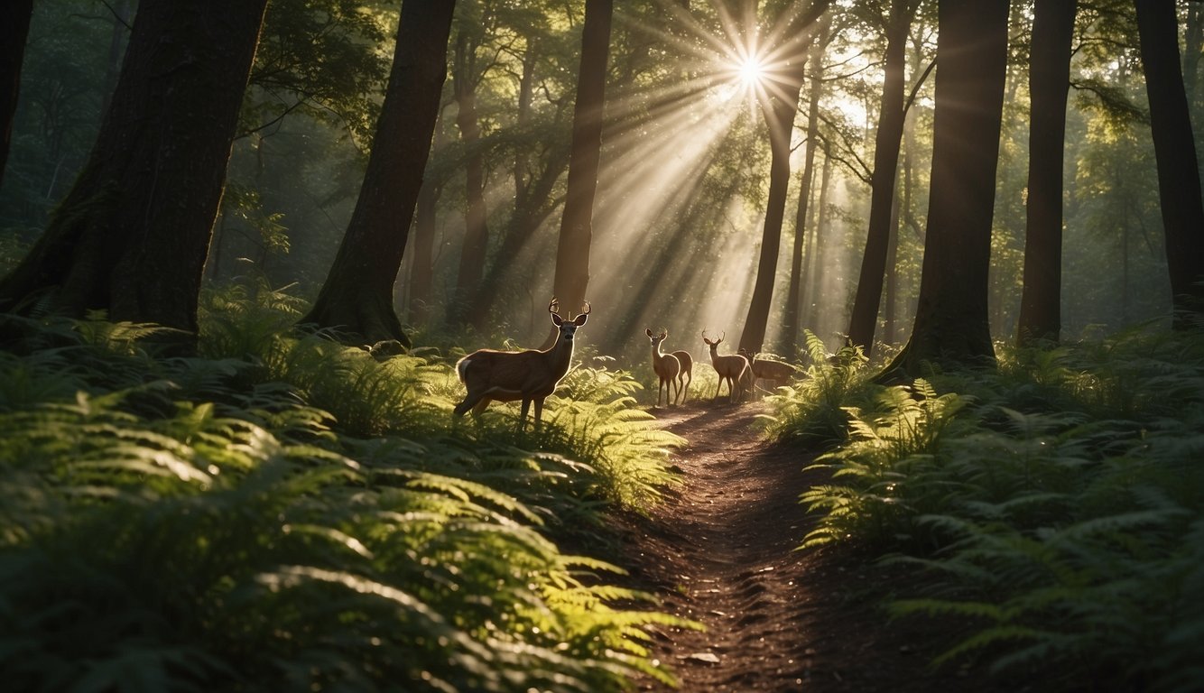 A group of deer roam through a lush forest, following well-worn trails.

Sunlight filters through the canopy, casting dappled shadows on the forest floor