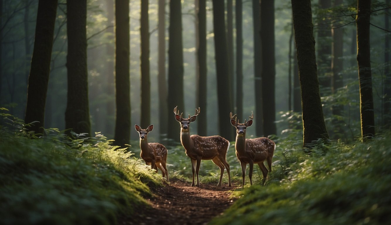 A family of deer roam through a dense forest, their hooves leaving distinct trails in the underbrush.

Tall trees and lush vegetation surround them, creating a peaceful and natural habitat