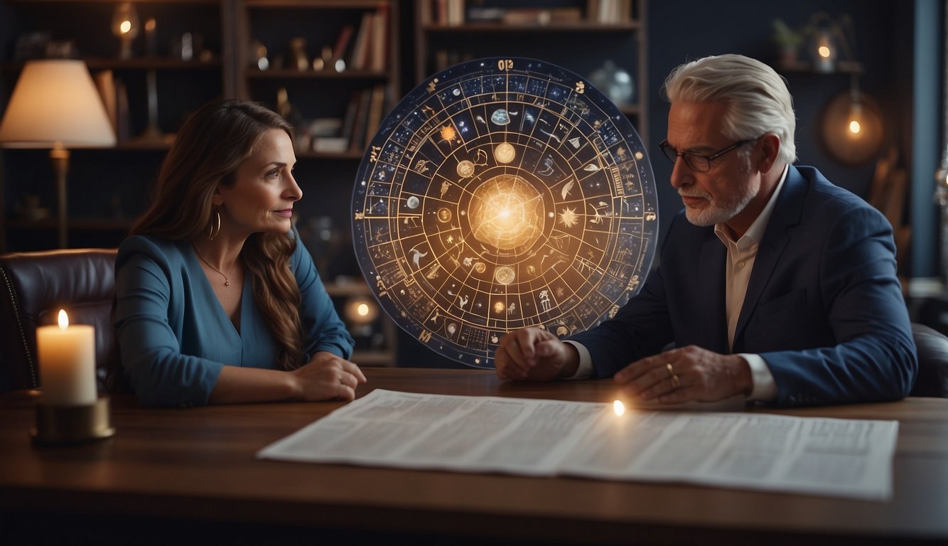 A romance astrologer consulting with a client, discussing love compatibility based on astrological signs. Charts and diagrams on the table