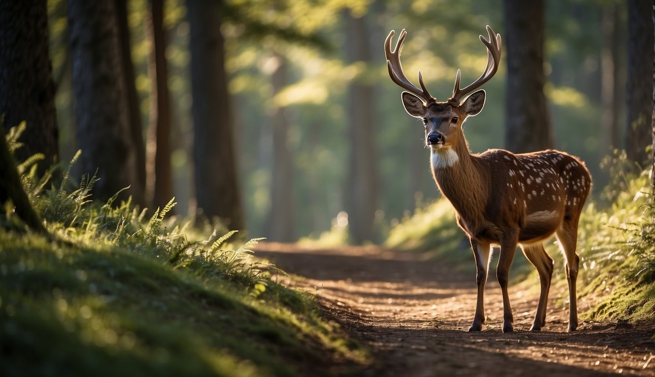 A deer cautiously approaches a forest trail, ears alert and nose twitching, while another grazes in the distance.

Sunlight filters through the trees, casting dappled shadows on the ground