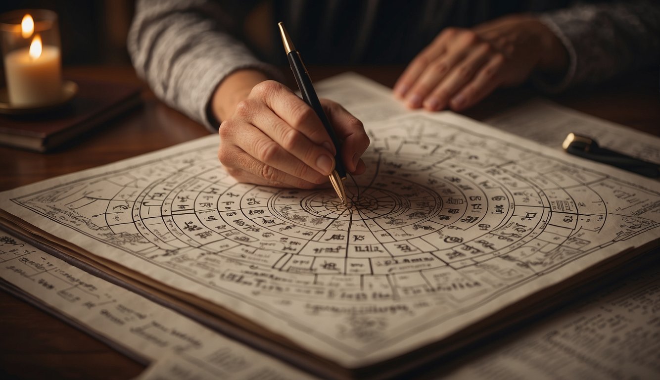 A romance astrologer studying zodiac charts for love guidance
