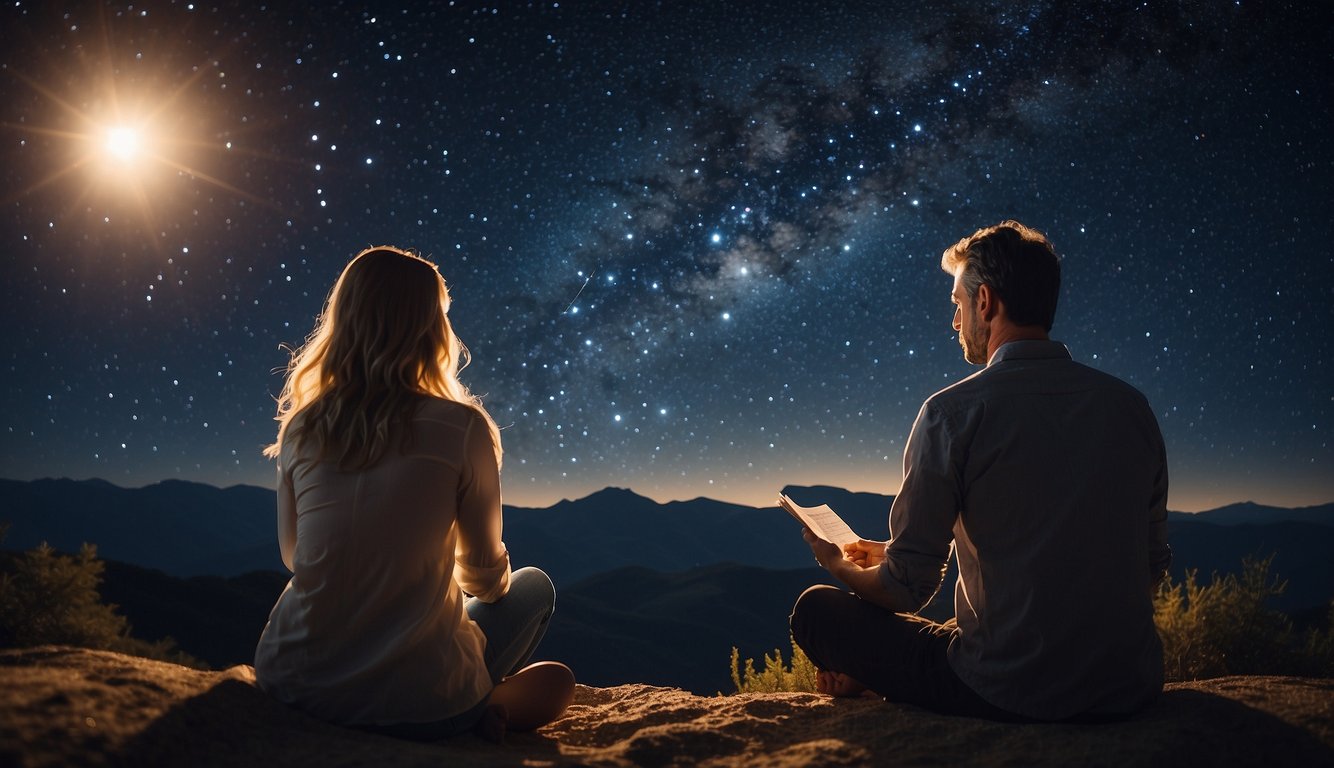 A couple sits under a starry night sky, gazing at the constellations. A romance astrologer's hands hold a birth chart, guiding them through the impact of astrology on their love life