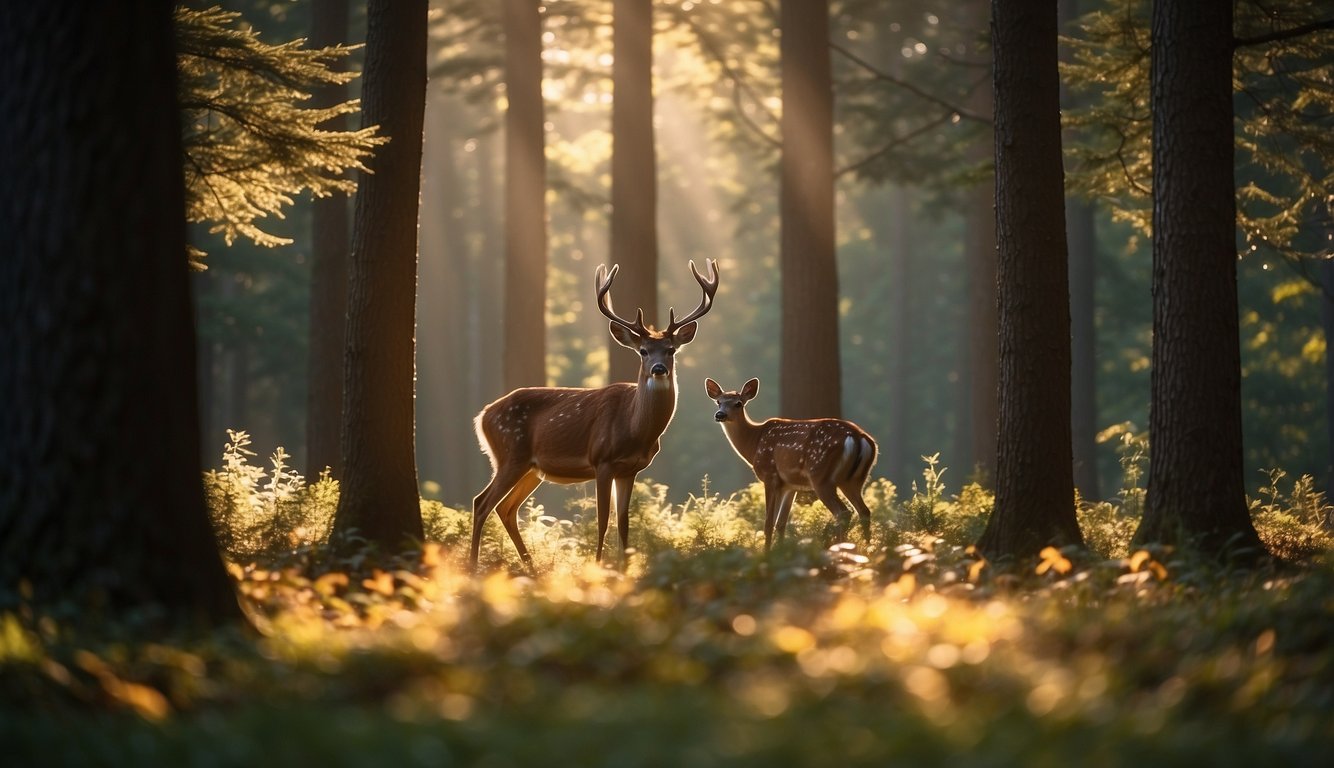 Sunlight filters through tall trees onto a forest floor.

A family of deer grazes peacefully, while colorful birds flit between branches