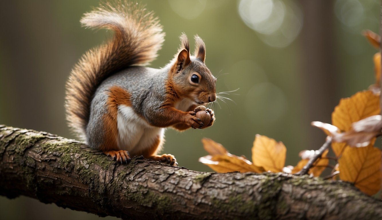 A squirrel perched on a tree branch, holding a nut in its paws, surrounded by fallen leaves and acorns