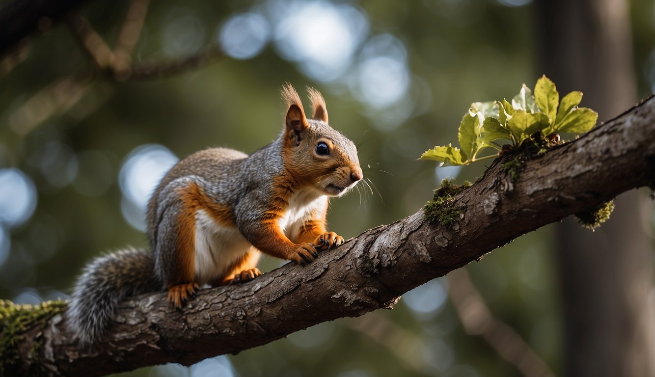 A squirrel perched on a tree branch, holding a nut in its paws, with a mischievous glint in its eye