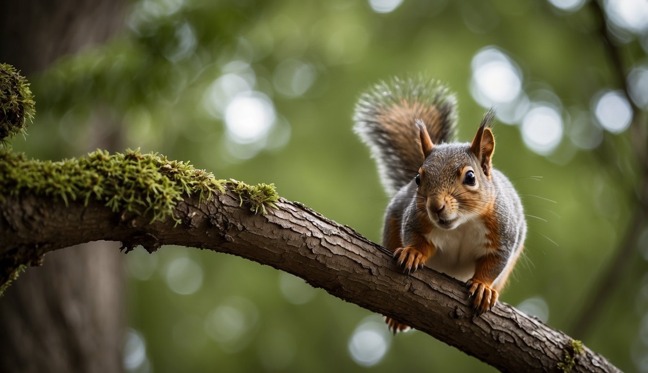 A squirrel perched on a tree branch, holding a nut in its paws.

Surrounding foliage and other squirrels in the background