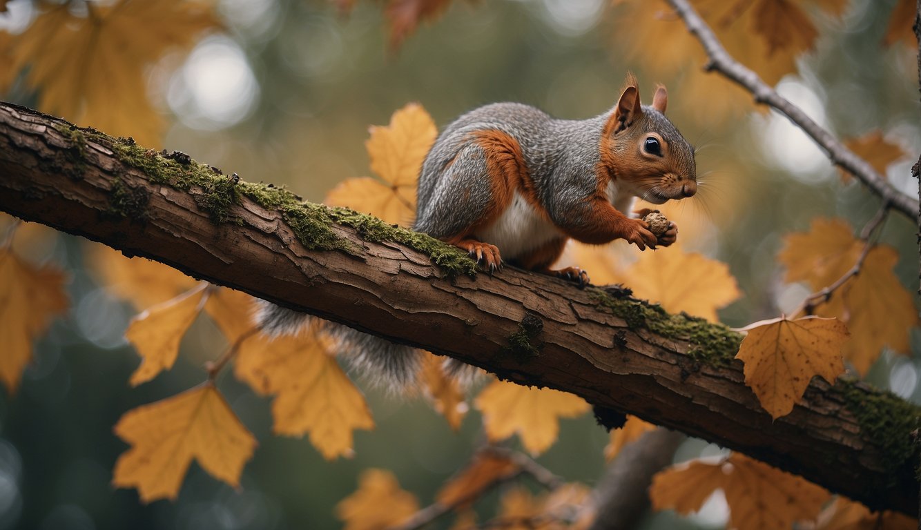 A squirrel perched on a tree branch, carefully selecting and storing nuts in its cheek pouches.

Fallen leaves and scattered nuts surround the busy forager