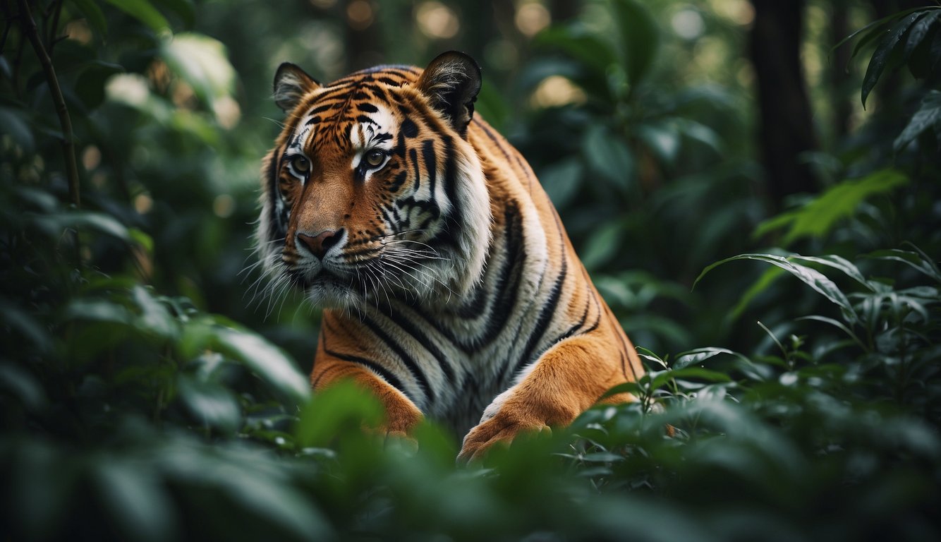 A tiger prowls through a lush jungle, its powerful muscles rippling as it hunts for prey.

The vibrant foliage and diverse wildlife create a vivid backdrop for the majestic predator