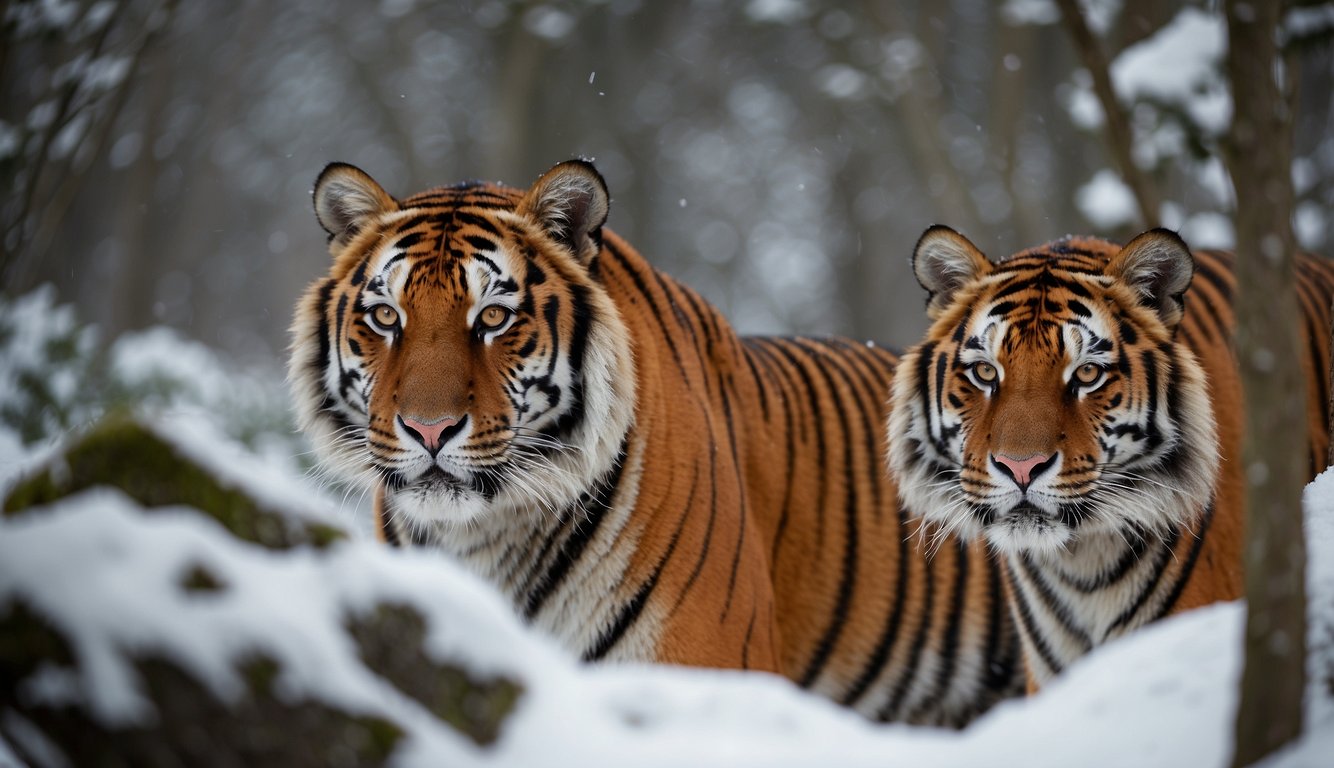 A Bengal tiger prowls through dense jungle foliage, its vibrant orange coat blending with the dappled sunlight.

In the distance, a Siberian tiger stands proudly in a snowy landscape, its thick fur protecting it from the cold