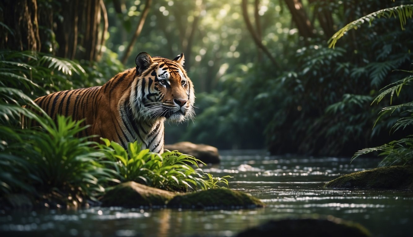 A lush jungle scene with tall trees and dense foliage, a serene river flowing through, and a majestic tiger prowling through the underbrush