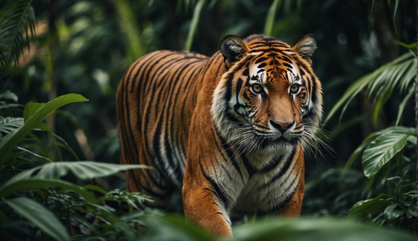 A majestic tiger prowls through a lush jungle, its vibrant orange coat blending with the green foliage.

Its piercing eyes and powerful stance exude strength and mystery