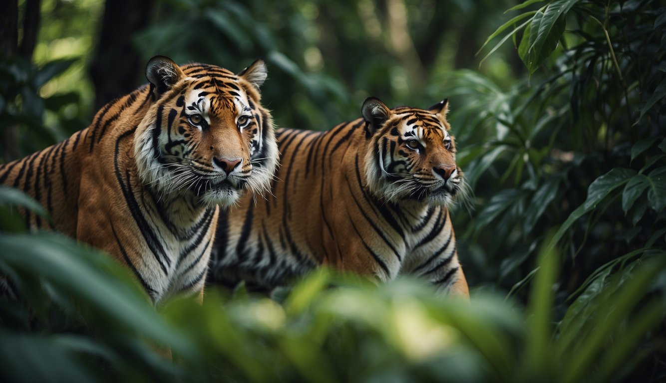 A tiger family roams through a lush jungle, surrounded by vibrant green foliage and colorful wildlife.

They are protected by conservation efforts, symbolized by rangers monitoring their habitat