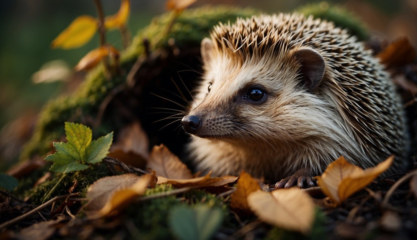 A hedgehog curls into a ball in a cozy hideout of fallen leaves and twigs, nestled under the protection of a bush