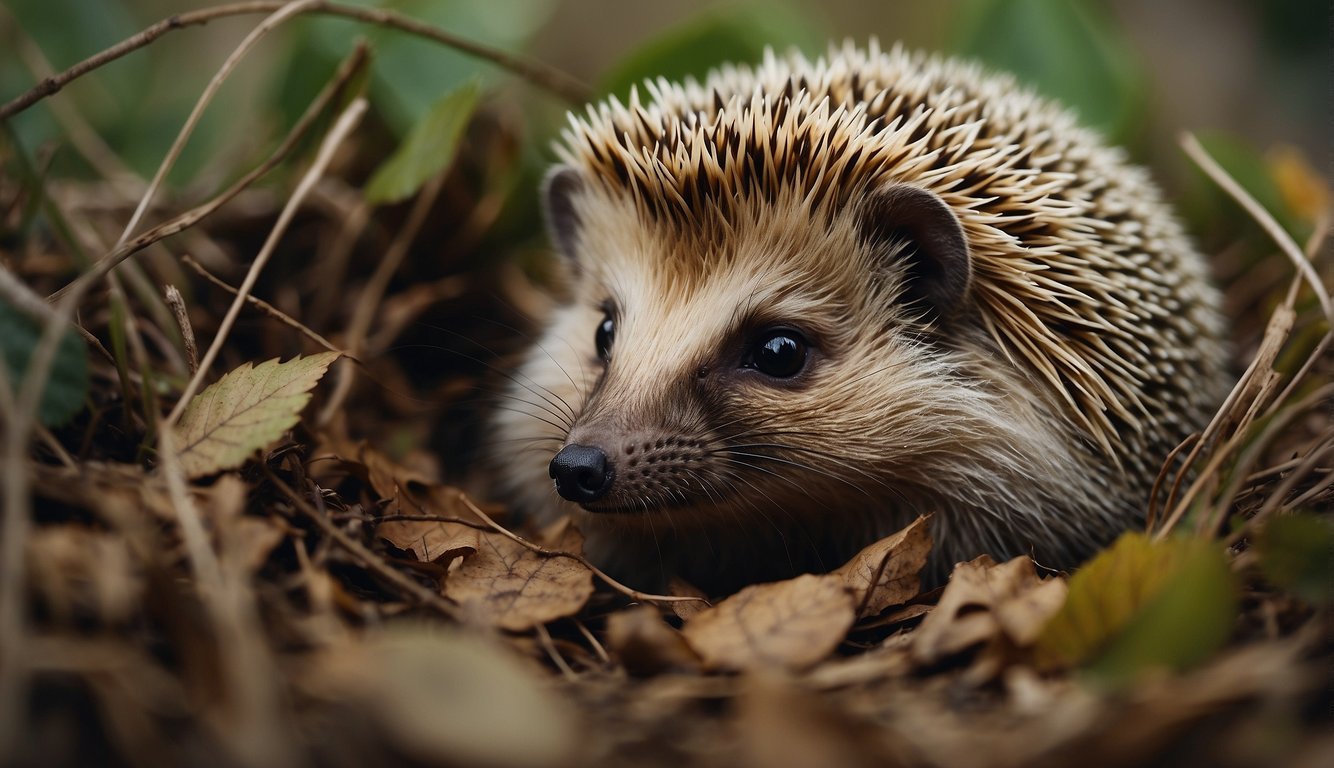 A hedgehog curled into a tight ball, spiky quills protruding, nestled in a cozy burrow surrounded by leaves and twigs
