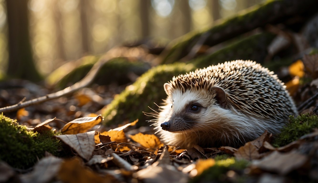 A hedgehog curls up in a cozy burrow beneath a tangle of fallen leaves and twigs.

The soft glow of sunlight filters through the forest canopy, casting dappled shadows on the forest floor