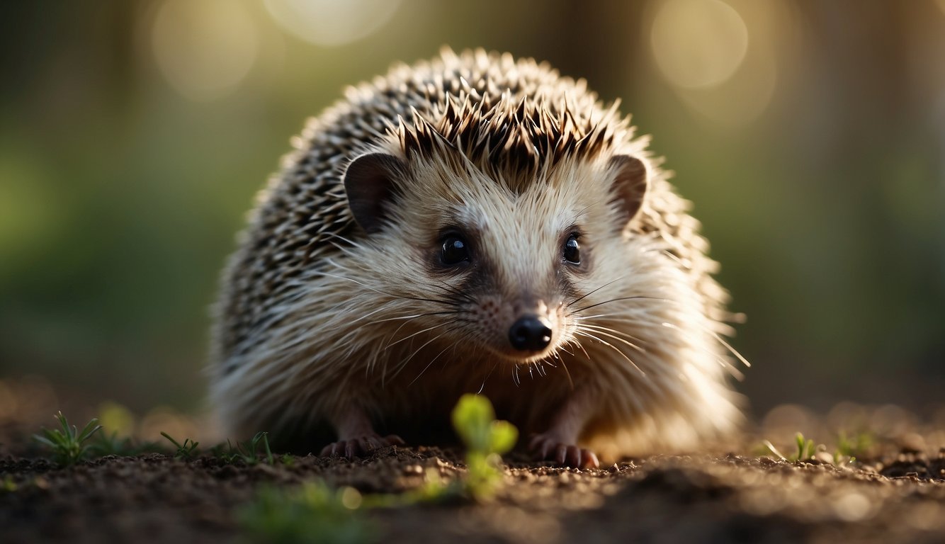 A hedgehog sniffs the ground, searching for insects.

It pounces, curling into a ball to protect itself. The spiky creature munches on its prey