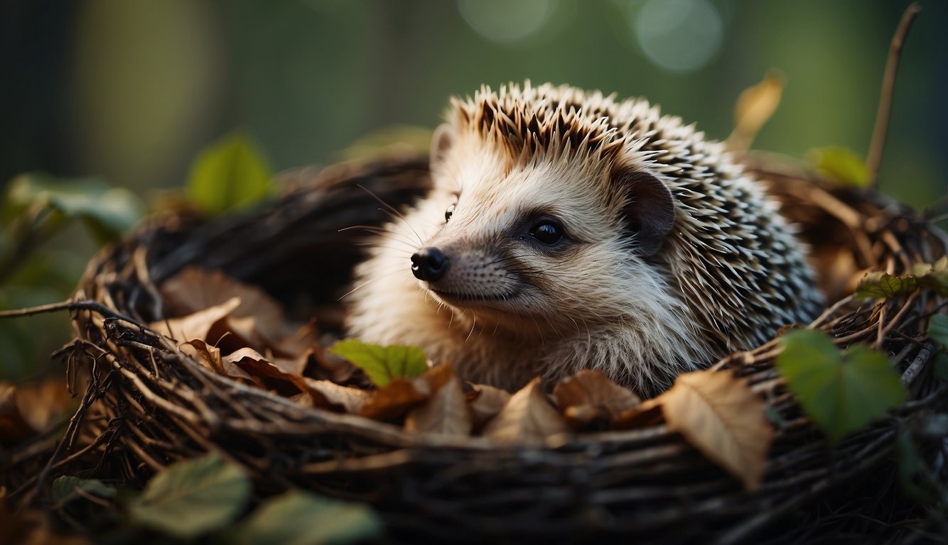 A hedgehog curls up in a cozy nest of leaves and twigs, surrounded by a peaceful forest scene