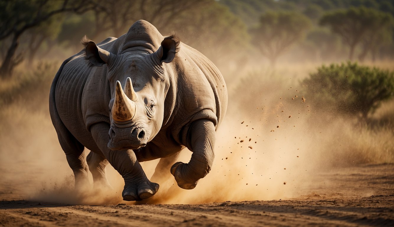 A rhinoceros charges across an open savanna, kicking up dust as it runs.

The powerful animal's horn and thick skin are emphasized