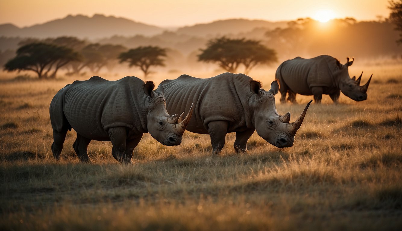 A group of rhinos roam the grassy savannah, their powerful bodies and distinctive horns on full display.

The sun sets in the distance, casting a warm glow over the majestic creatures