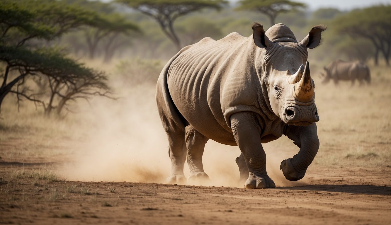 A rhino charges across the savanna, kicking up dust.

Its horn and thick skin are prominent features. The landscape is dry and filled with grass and scattered trees
