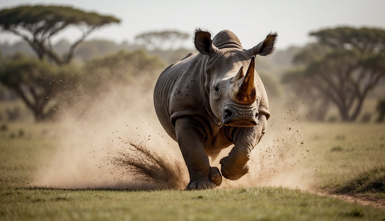 A rhino charges across a grassy plain, stirring up dust.

Birds scatter from the path of the powerful animal, highlighting its impact on the environment
