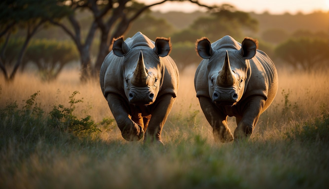 A rhino charges through the African savanna, surrounded by lush greenery and a variety of wildlife.

The sun sets in the background, casting a warm glow over the scene