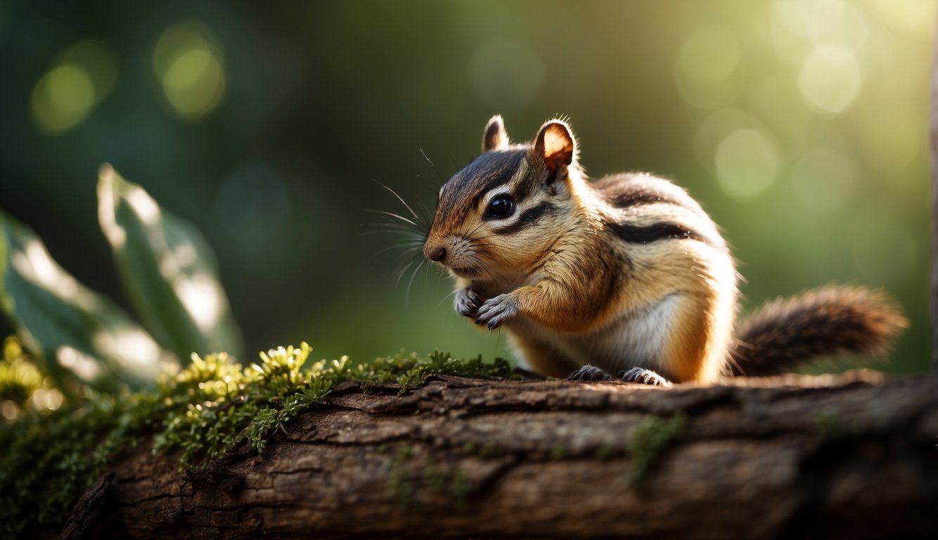 A chipmunk sits on a log, cheeks stuffed with nuts.

Trees and greenery surround it. Sunlight filters through the leaves