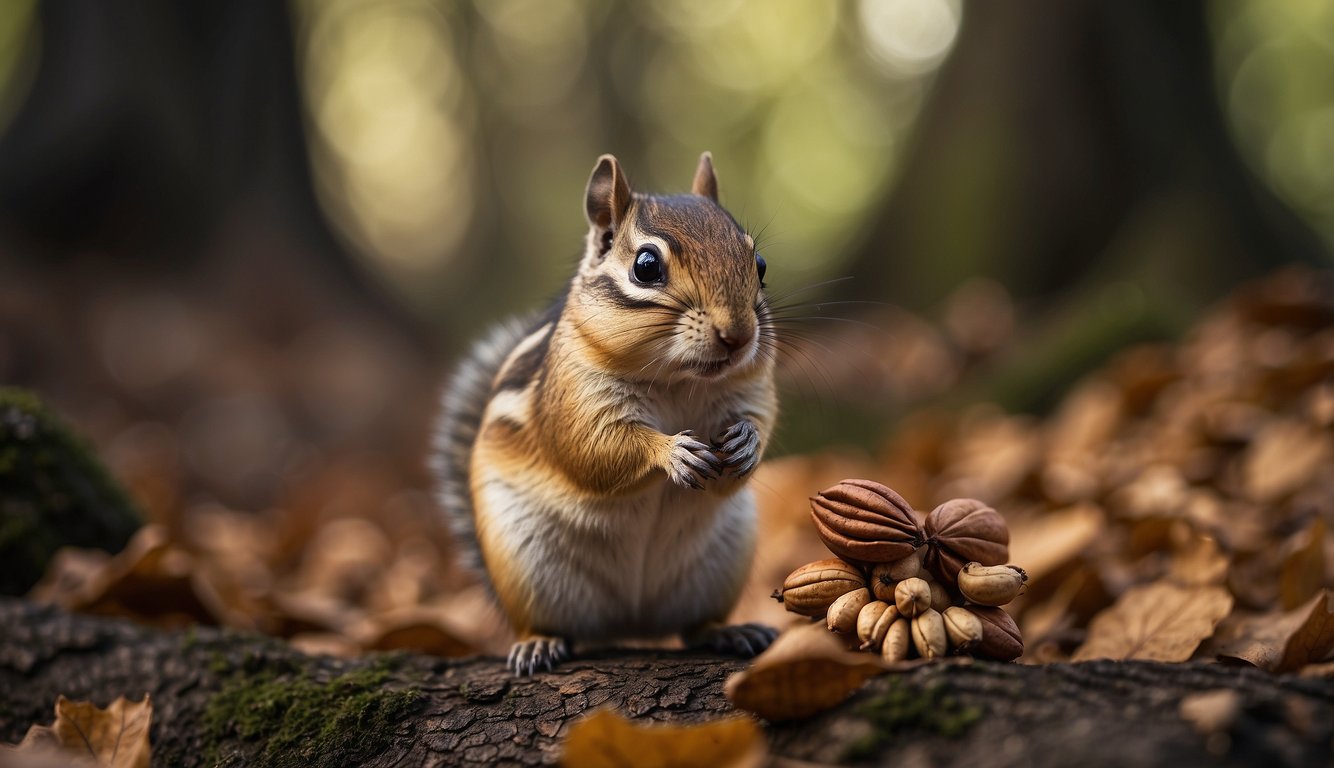 A chipmunk with puffed-up cheeks, holding a nut in its tiny paws, surrounded by fallen leaves and acorns in a forest setting