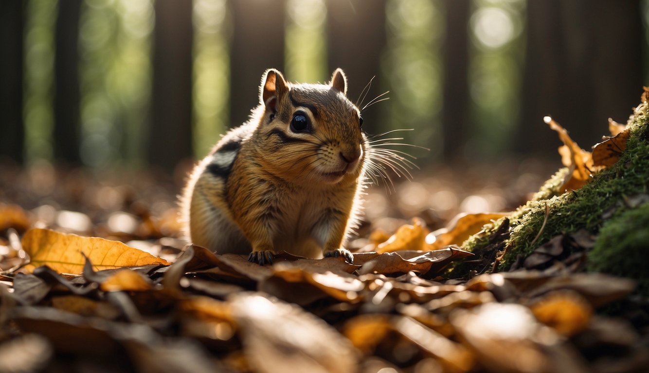 A chipmunk scurries through fallen leaves, cheeks bulging with nuts.

Sunlight filters through the trees, casting dappled shadows on the forest floor