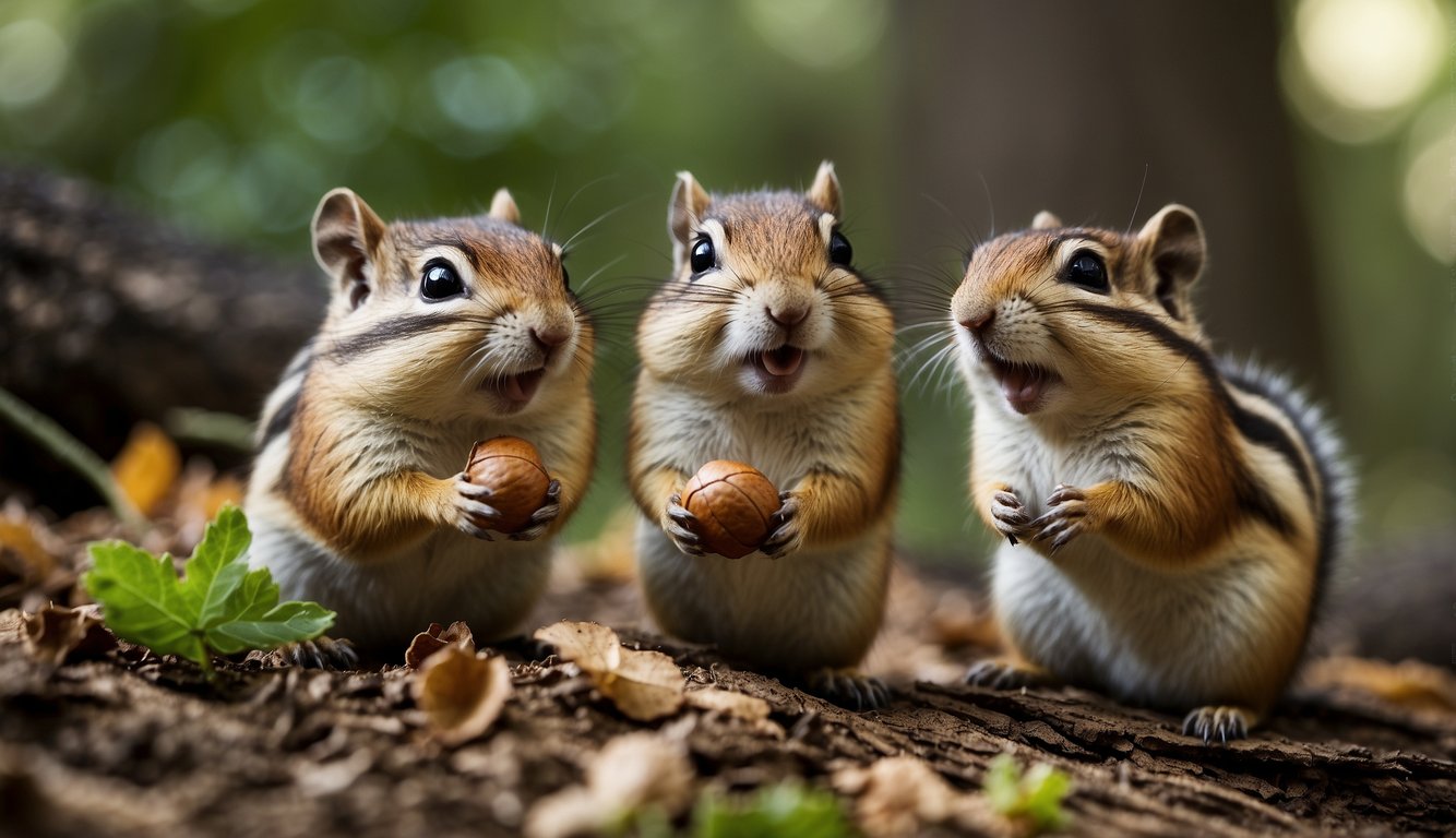 Three chipmunks gathering acorns in a lush forest setting, with one stuffing its cheeks full