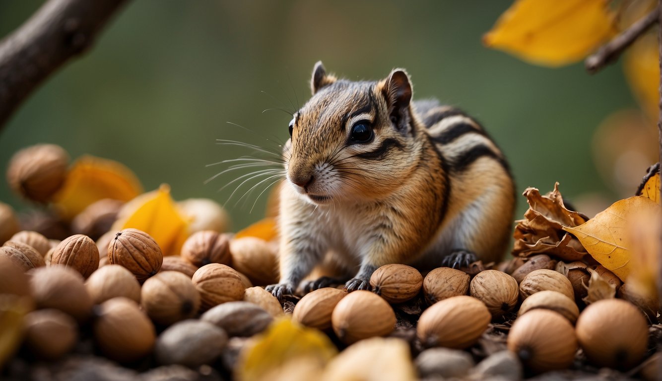 A chipmunk with full cheeks sits beside a pile of nuts and seeds, surrounded by colorful leaves and twigs