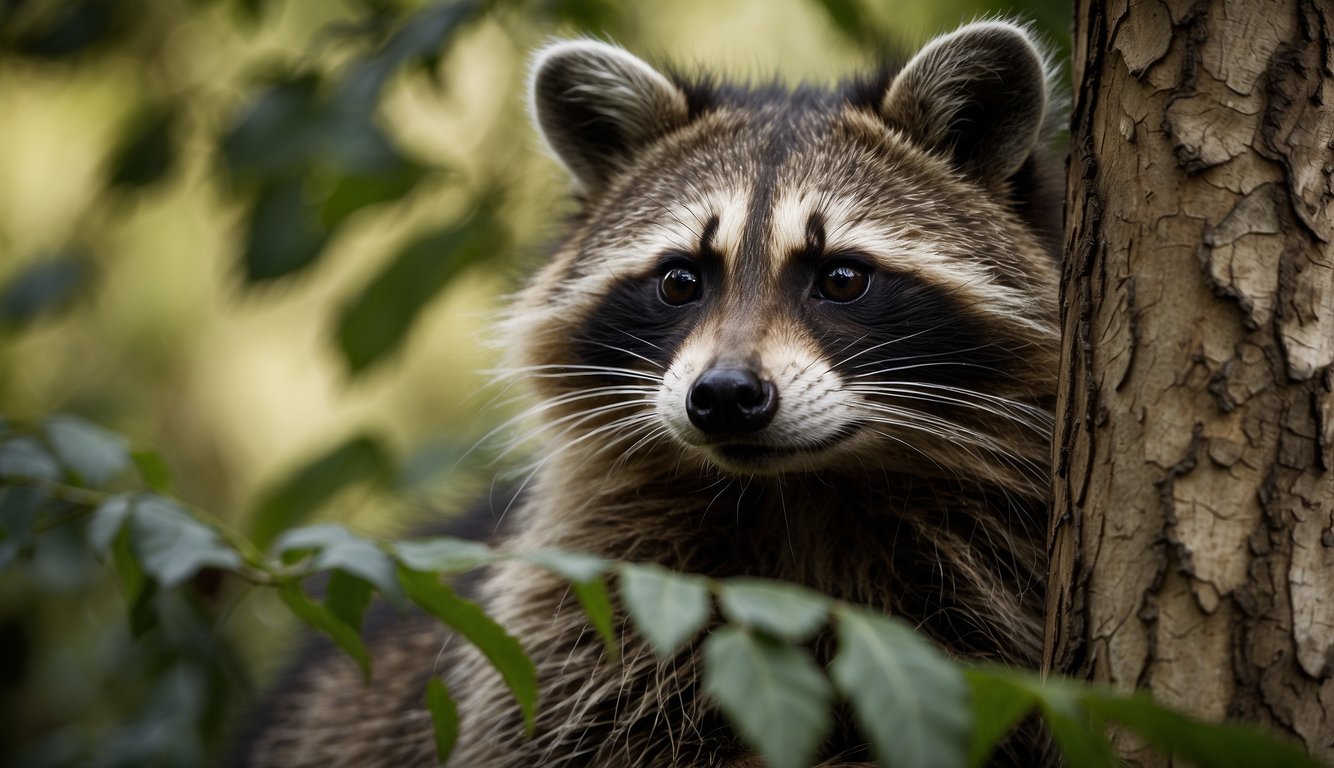 A raccoon peers out from behind a tree, its masked face curious and mischievous.

Surrounding foliage adds to the sense of mystery and adventure