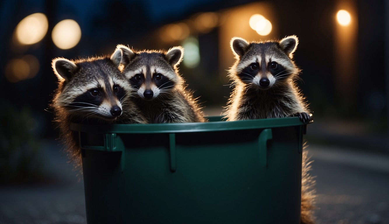 A family of raccoons rummages through a trash can at night, their masked faces illuminated by the moonlight