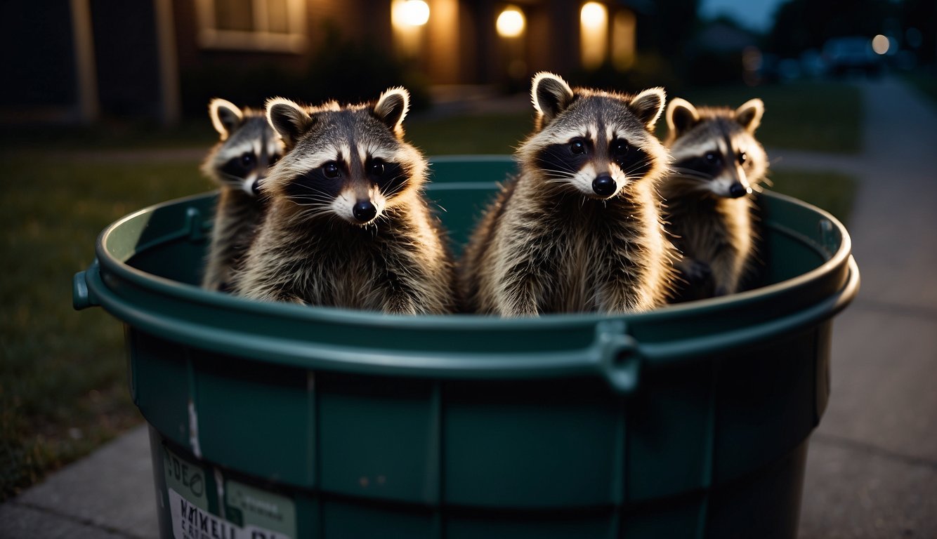 A family of raccoons scavenges through a trash can at night, their masked faces illuminated by the moonlight